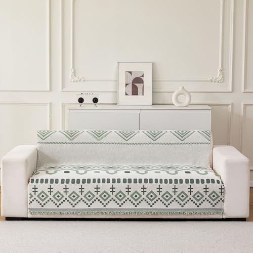 Image of HOMETHREADS Chenille Bohemian Boho Style Sofa Cover | Thick & Soft Luxury Slipcover | Protective, Washable & Stylish Couch Cover for Living Room Decor. (Bohemian Green, 3 Seater | 180x180cm)