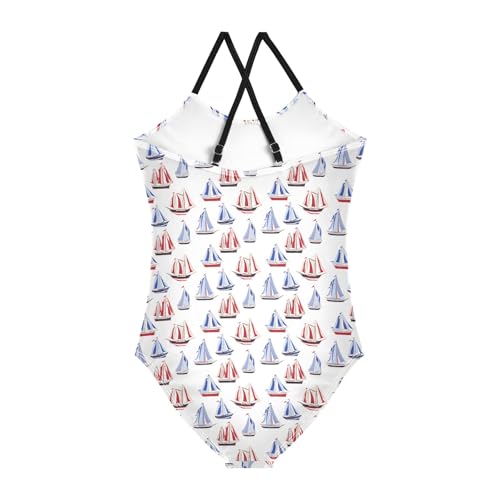 senya Girls Swimsuits One-Piece Swimwear Tie Bathing Suit Beach Summer Round Neck 7-8T Red Blue Sailboat Pattern2