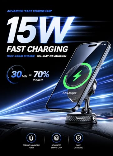 Image of 15W Magsafe Wireless Fast Charger Car Phone Mount Holder with Vacuum | ULiiZOMIR Adjustable Magnetic Mount, Strong Grip Dashboard & Windshield Holder for iPhone 12-17 and Android Devices
