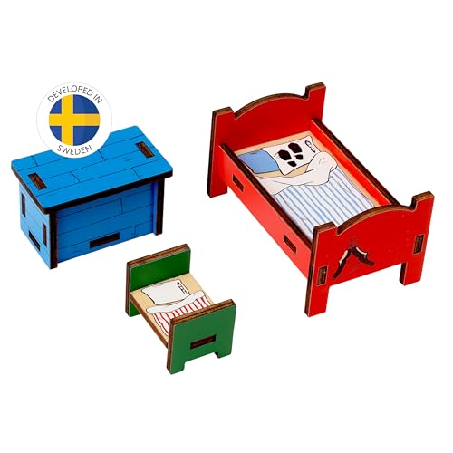 Pippi Puppenhaus Schlafzimmer Möbel – Offizielles Pippi Langstrumpf Zubehör-Set mit Betten & Schatzkiste – Passend für Villa Kunterbunt, Schwedisches Design, ab 3 Jahren