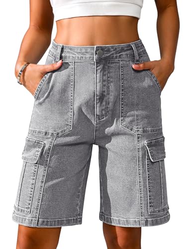 Eddoyee Bermuda Cargo Jorts for Women Denim Jean Shorts Casual Long Knee Length High Waisted Stretch Wide Leg Relaxed Fit(Gray Jean, Large)