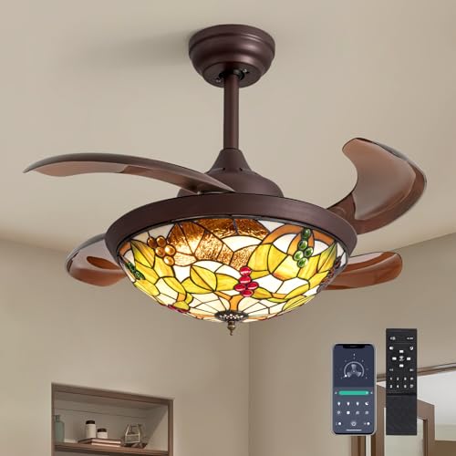 CROSSIO 36' Tiffany Ceiling Fan with Light Tiffany Fandelier Vintage Chandelier Fan 36 Inch Stained Glass Retractable Blades Vintage Ceiling Fan with Light for Bedroom Living Room
