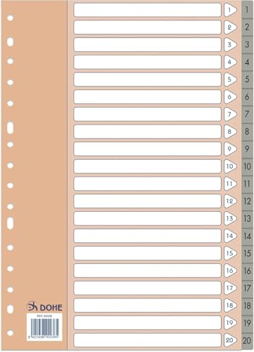 Dohe - Separadores Archivadores 2 y 4 anillas (20 uds.) - Índices Tamaño A4, Numerados 1-20, Plástico Resistente 120 Micras, 16 Agujeros - Color Gris