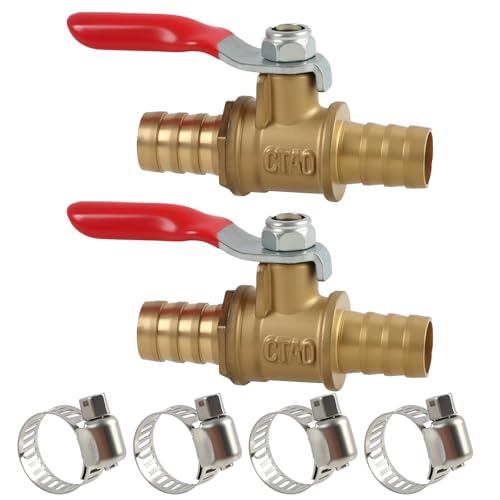 Lote de 2 válvulas de bola de latón 10 mm x 10 mm con racores para manguera, llave de paso con manija roja para riego, jardín y tuberías domésticas