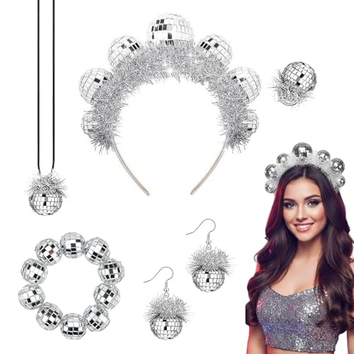 lbxtswpl Discokugel Haarreif Set 5 Stück Discokugel Kostüm Discokugel Kostüm Damen Ohrringe Armband Ringe und Halskette für Fasching Karneval Partyzubehör Fotografie Requisiten Disco Kostüm
