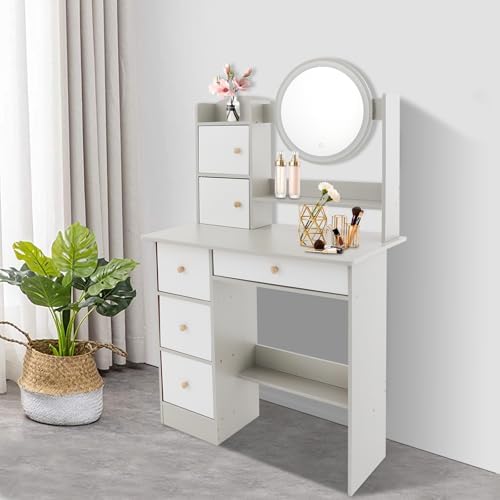 Grey Makeup Vanity Desk with LED Mirror, Princess Dressing Table for Girls, 31.5"x16"x51" with Storage Drawers & Shelves, for Kids & Teens