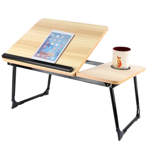 Table de lit Pliable et réglable, Plateau pour Ordinateur Portable avec Plateau inclinable, tiroir, Bureau de lit en Bambou,Support d'Ordinateur (56 * 33 *...