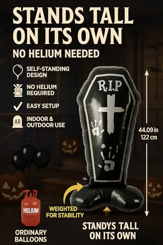 Image of AMFIN (Pack of 1) Self Standing 44 Inch Halloween Coffin Balloon - RIP Inflatable Self-Standing Foil Balloon for Halloween Party Decorations, Haunted House & Spooky Graveyard Decor- Black