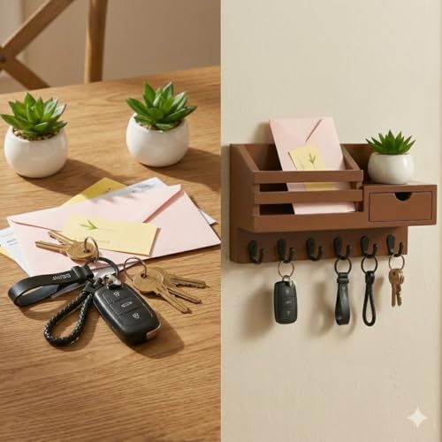 Image of Wooden Wall Mounted Key Holder with Hooks and Organizer Shelf Wall Rack for Letters Wallets and Accessories Home and Office Wall (Brown, Drawer Organizer - 35.5 x 9 x 23 cm)