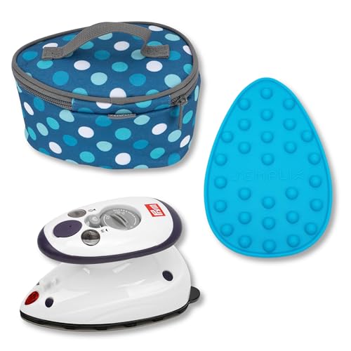 SEMPLIX Prym Mini-Bügeleisen Bundle Kompaktes Set mit Mini-Dampfbügeleisen Silikonablage & Reisebügeleisentasche ideal für Nähen & Quilten Design Polka Dots (Petrol)