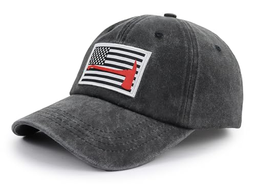 Image of Red Line Firefighter Axe USA Flag Hats for Men Women, Funny Adjustable Cotton Embroidered Baseball Cap