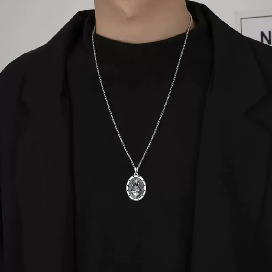 Cross Jesus Christ Sacred Heart Medal Divine Love Flame Necklace S925 Sterling Silver Sacred Heart of Jesus God Necklace Devotional Christian Amulet Unique Jewelry Gift for Men Him3