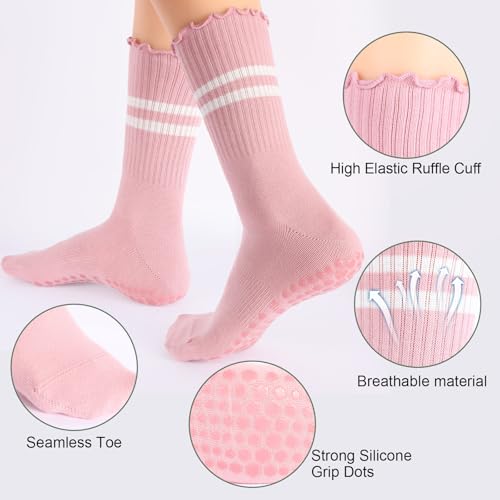Image of 3 Pairs Yoga Socks with Grips, Non Slip Ruffle Pilates Socks Frilly Crew Socks for Barre Barefoot Workout Hospita