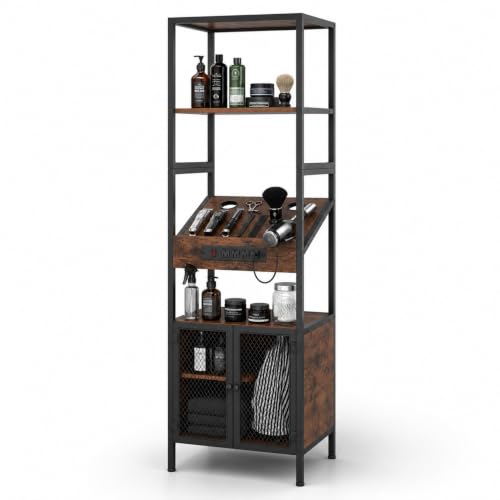 RESHABLE Industrial Salon Station for Hair Stylist, Salon Storage Cabinet with Dryer Hole, 7 Tool Holders, Power Outlets, Styling Equipment for Barber Bathroom, 70.8" H, Rustic Brown