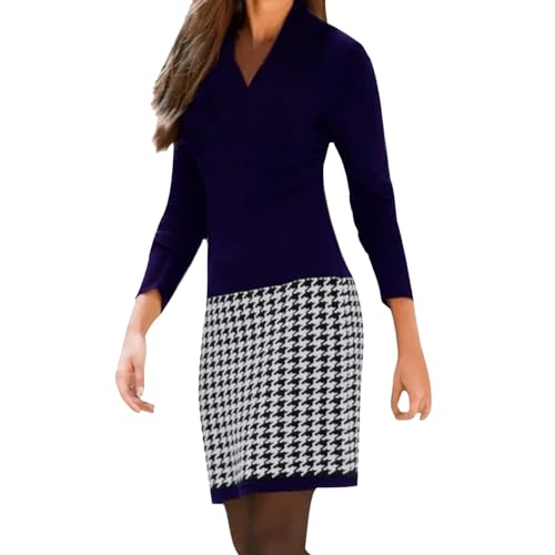 Robe pied-de-poule fluide col en V pour masquer les complexes avec élégance au bureau