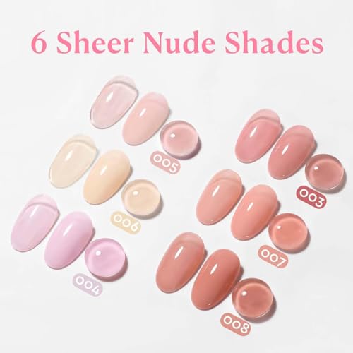 Image of AZUREBEAUTY 10ml 6 Color Rubber Base Gel Polish with Top Coat Set, Builder Gel for Thin Weak Nails, Sheer Nude Pink Jelly Self-Leveling Apex Building Nail Strengthener, Long Lasting Soak Off UV LED