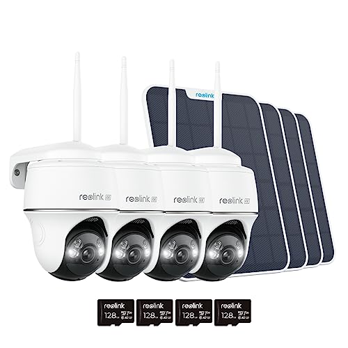 REOLINK 4 Pack Argus PT Ultra+Solar Panel Bundle with 128GB SD Card, Solar Security Camera Wireless Outdoor, 360 Pan Tilt for Home Security, 4K Color Night Vision, 2.4/5 GHz Wi-Fi, 2-Way Tal