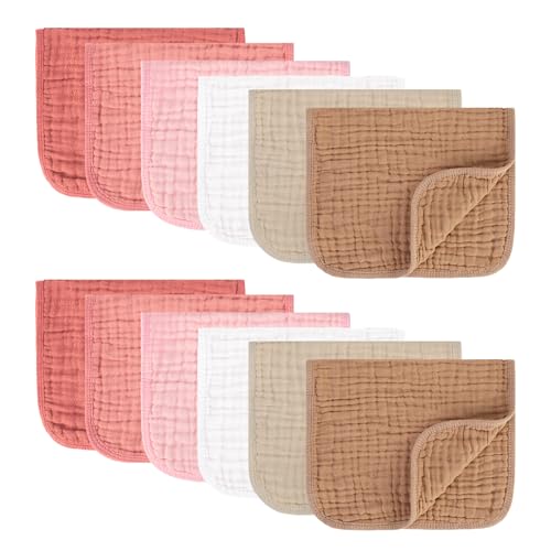 Image of MIGIOL Muslin Burp Cloths 100% Cotton Pack of 12. Soft, Gentle & Absorbent Baby Burp Cloths for Baby Girl & Boys.(Pink & Coffee 12 Pieces)