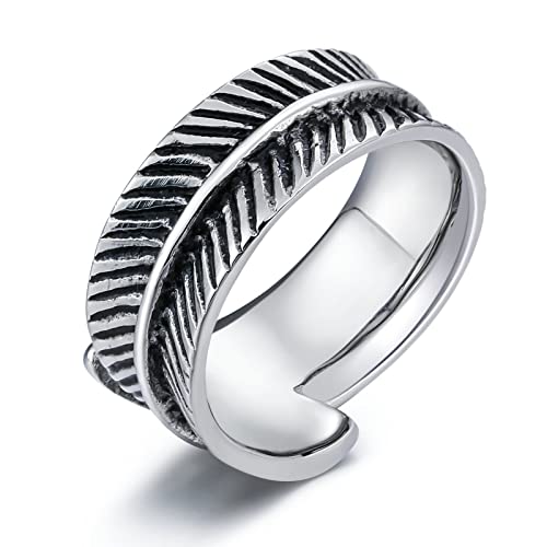 Whoiy Anillo de compromiso de acero inoxidable con diseño de plumas, redondo, para hombre, grabado gratuito, R 1/2, Sin piedras preciosas
