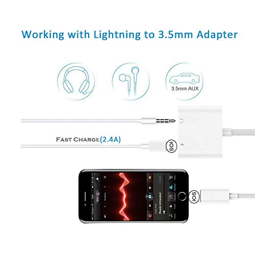 For iPhone 3.5mm Headphone Adapter Splitter Cable Accessories Aux Cable for iPhone8/8 Plus/7/7Plus/11/X/XR 2 in 1 Audio Adapter & Charger Dongle Adaptor Earphone Audio Connector Support All iOS System