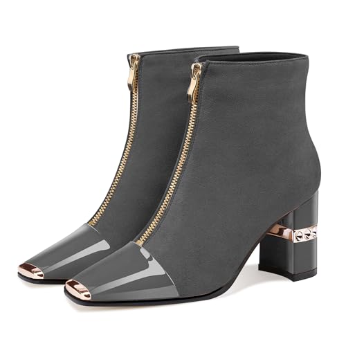 Image of XINIUNIU Women's Ankle Boots Block Chunky Heels Booties Metal Square Toe Suede Front Zipper 3 Inch Short Boot Dress