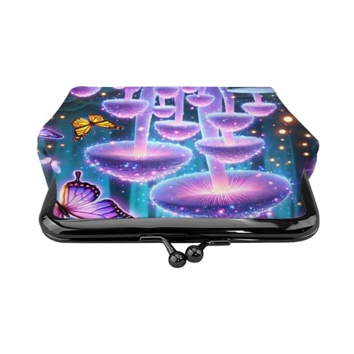 Pu Leather Buckle Coin Purse Magical-Mushrooms-Butterflies Girls Kiss-Lock Change Purse Wallets2