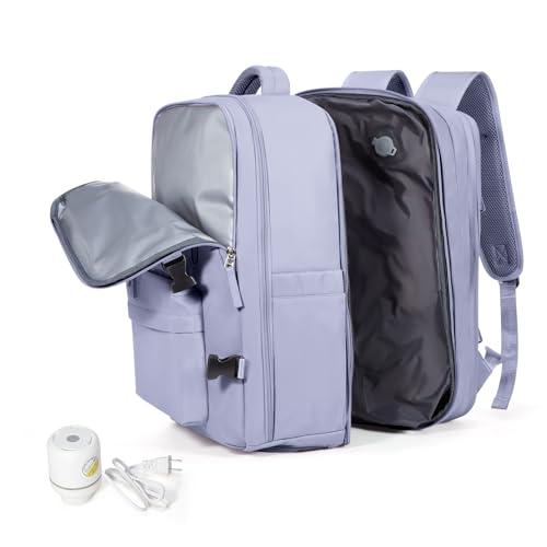 Vacuum Travel Backpack 45L Expandable Vacpack Backpacks with Pump, Large Carry on Personal Item Compression Bags for Women, Waterproof Work Laptop Casual Daypack, Purple