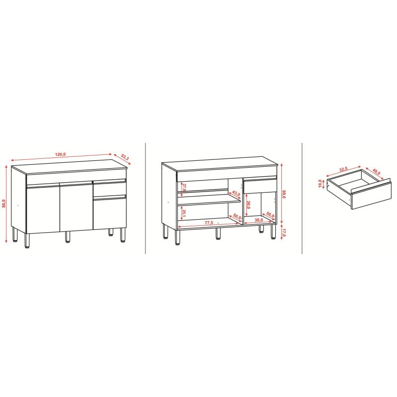 ACTUAL DIFFUSION Buffet Bas 3 Portes 1 Tiroir Blanc 5 Niches L 120 H 86 P 53.3 cm Modèle Line pour Cuisine et Séjour