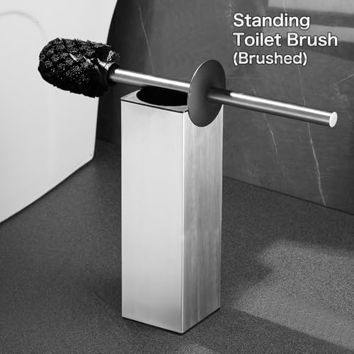 Image of Standing Toilet Brush - Square Base, Plunger Set, Holder - Toilet Bowl Cleaner - Brushed