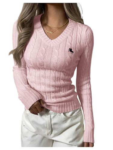 WDIRARA Women's Embroidered V Neck Long Sleeve Sweater Casual Cable Knit Pullover Tops Pink X-Small