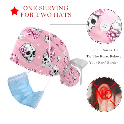 Image of 2 PCS Bouffant Cap with Button Ponytail Pouch Working Cap Sweatband Adjustable Surgical Cap Black and White Cow