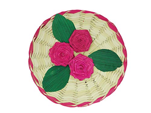 2 Pack Mexican Handmade Palm Baskets (One With Lid) And 1 Woven Napkin Cloth (Servilleta Mexicana) 100% Cotton Eco Friendly Tortilla Warmer (Tortillero) For Party, Fiesta Decoration (Pink) #TOP4