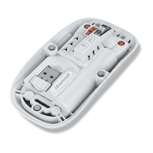 Image of Glassology Transparent 2.4GHz Wireless + Bluetooth Mouse, Multi-Device Dual Mode Slim Rechargeable Silent Click Buttons Wireless BT Mouse, Adjustable DPI 800-1200-1600 (White)