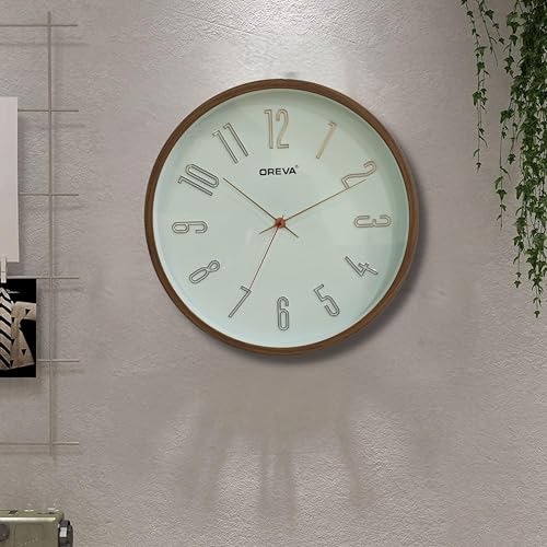 Image of OREVA 14 Inch Round Fancy Embossed Number Dial Contemporary Stylish Quartz Clocks Modern Analog Silent Wall Clock for Living Room Bedroom Home Decor Office AQ-9477SS (D Wood)