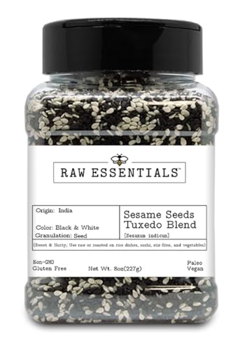 Raw Essentials Sesame Seeds Tuxedo Blend– Sweet and Nutty – Use to Top Rice Dishes, Sushi, Stir Fries, and Vegetables – Non-GMO, Gluten Free, Vegan, & Paleo – 8 Ounce Bottle