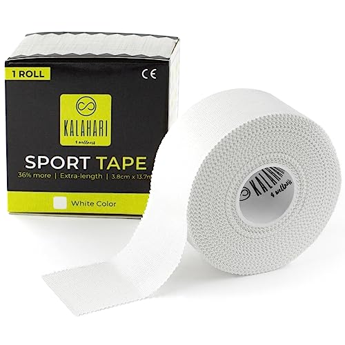 KALAHARI Tape Vendaje Deportivo Extra Largo - 3,8 cm x 13,7 m - Cinta adhesiva para dedos Voleibol, Fútbol, Crossfit, Escalada – Esparadrapo Deportivo, Sport Tape, No Elástica, 100% Algodón, Blanco