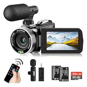 Video Camera Camcorder 4K 48MP 60FPS YouTube Camera with Wireless Lavalier Mic & External Mic for Vlogging, Ultra HD 3“ Screen 18X Digital Zoom Video Recorder Camera with 32GB SD Card