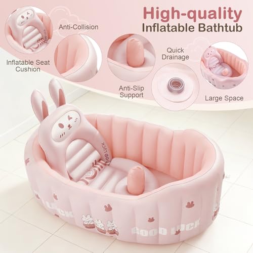 IcyByte Inflatable Baby Bathtub with Seat Cushion & Air Pump, Newborn to Toddler Bath Tub, Foldable Portable Toddler Tub for Shower Sink, Non-Slip Texture, Quick-Drain, Travel-Ready, Pink - Thumbnail 3