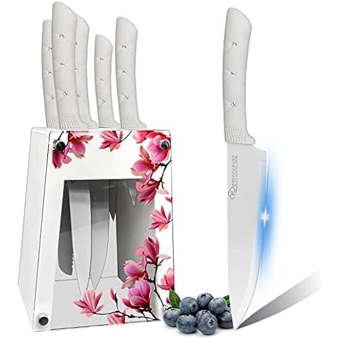 Kitchen Knife Set, Retrosohoo White Flower 6PC Stainless Steel Sharp Chef Knife Set with Acrylic Stand, Cooking Non-slip Knife Set with Block, Non-stick Colorful Coating Gift for Women Girls(White) Cover