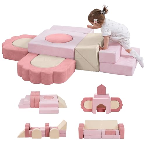 Image of MOOZHEALTH 13 Pieces Foam Climbing Blocks for Toddlers|Floral Baby Soft Play Gym,Kids Indoor Crawing Climbers & Play Structures for Bedroom,Livingroom & Playroom,Pink & Beige