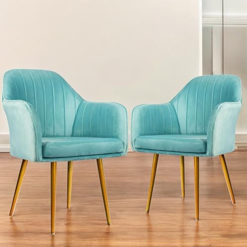 Image of Set of 2 Accent Chair for Living Room | Modern Armchair in Soft Velvet Fabric with Sturdy Legs | Premium Chair for Home Living Room Bedroom Restaurent | (Gold Legs, Sky Blue)