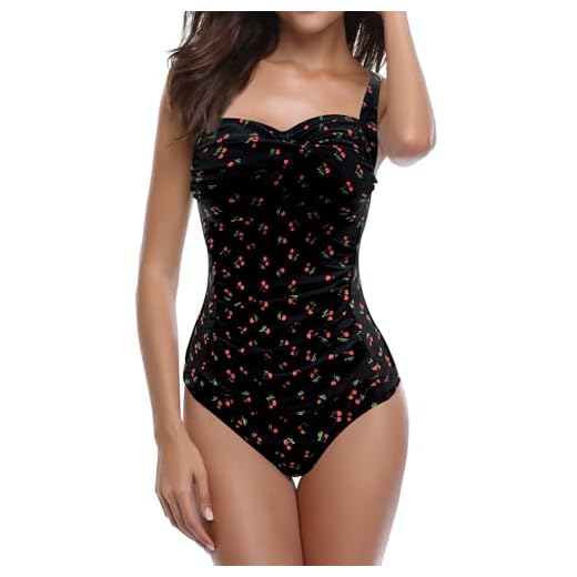 SHEKINI Damen Einteilige Blumen Einfarbig Badeanzug Monokini Verstellbarer Oder Nicht Verstellbarer Schultergurt Badeanzüge Falten Bademode Schwimmanzug, A-kirsche Druck, M