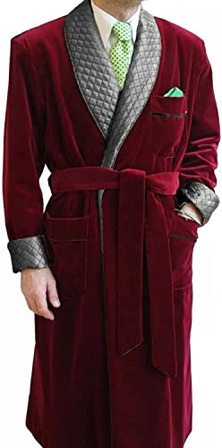 SOCOOL Men's Long Smoking Jacket with Belt Velvet Smoking Robe Shawl Lapel Quilted Dressing Gown2