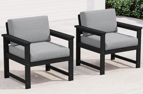 Image of SERWALL 2 Pieces HDPE Cushioned Single Adirondack Armchair Sofa Set | All Weather Black Outdoor Sofa Lounge Armchair with Grey Cushion