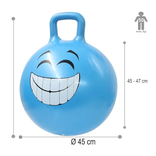 JAMARA 460458 H&uuml;pfball Smile 450mm HoppyDoo - Spielzeug f&uuml;r Kinder, H&uuml;pfspielzeug Baby Indoor/Outdoor, Geschenk f&uuml;r Kids, Gartenspielzeug, Bouncy, Pflegeleicht, BPA frei, mit Pumpe