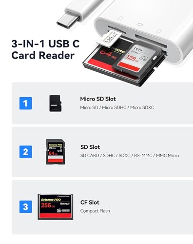 Image of USB C SD Card Reader for 15 /iPad /MacBook /iMac, xdgeLoad 3 Slots Type C Reader Supports SD /Micro SD /CF Compact Flash Memory Card Adapter, Trail Camera Viewer Plug and Play