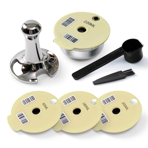 BENFUCHEN Tassimo Cápsula reutilizável de aço inoxidável de 220 ml + tampas extra, 200 + 180 + 60 ml, cápsula recarregável de aço inoxidável para cafeteira Bosch, com um manipulador de café, cor