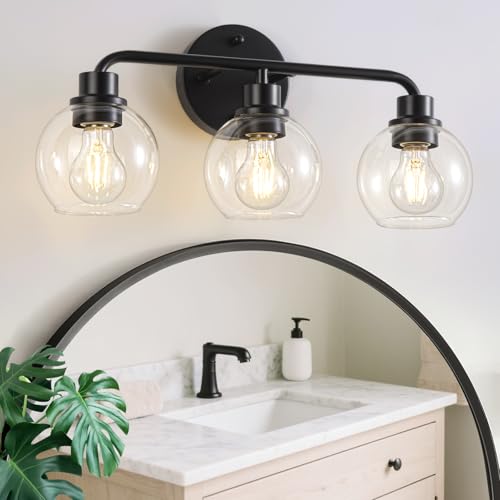 Image of Bathroom Light Fixtures Black Vanity Light, 3 Light Modern Wall Sconces Lighting Bathroom Lights with Globe Clear Glass Shades, Bath Wall Lights Wall Lamp for Mirror Kitchen Living Room Hallway | Wall Sconces Lighting with Globe Clear Glass Shades, Bath Wall Lights Wall Lamp for Mirror Kitchen Living Room Hallway