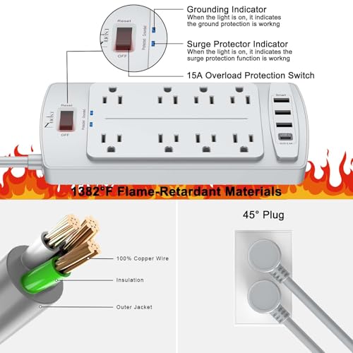 Image of Surge Protector Power Strip - Nuetsa Flat Plug Extension Cord with 8 Outlets and 4 USB Ports, 6 Feet Power Cord, 2700 Joules, ETL Listed, Grey