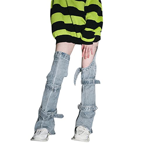 Tsultryofs Women's Y2K Denim Leg Warmers 80S Knee High Harajuku Buckle Jean Socks Punk Gothic Leg Cover Stockings Streetwear (Blue, S) #TOP1